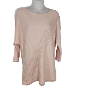 Chico's Womens Top Size 1 Medium Boat Neck Mixed Rib Peach Pink 3/4 Sleeve Knit